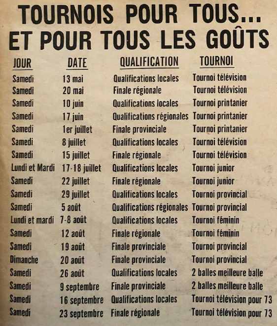 1972: horaire des tournois à travers la province