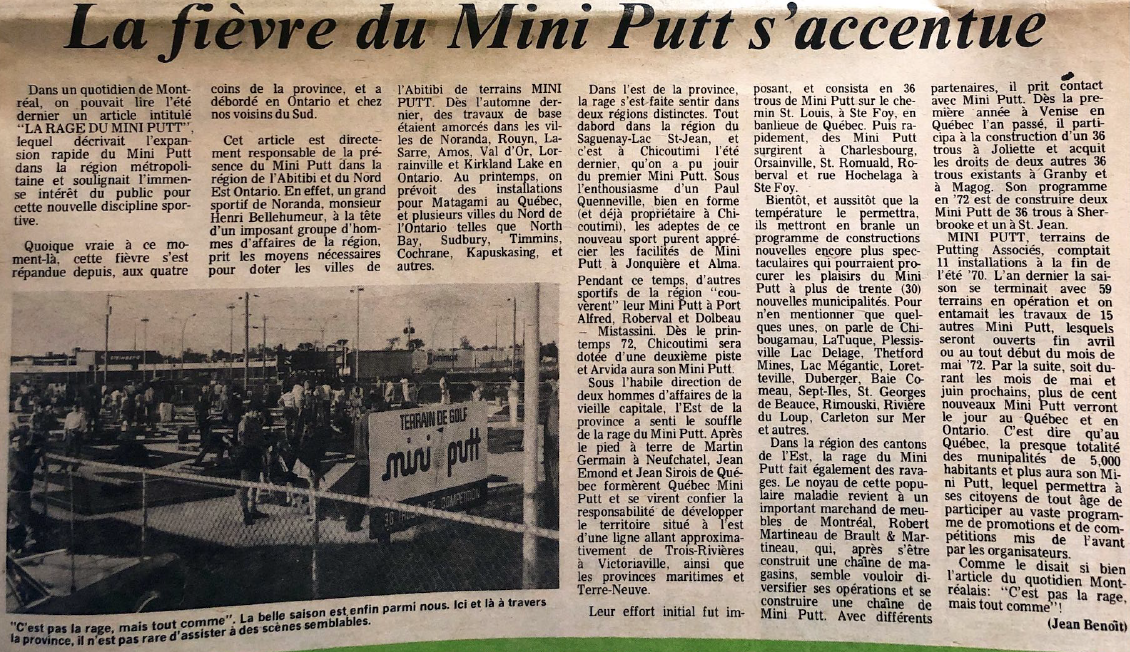 La fièvre du Mini Putt s'accentue, article signé Jean Benoît, Journal Mini Putt mai 1972