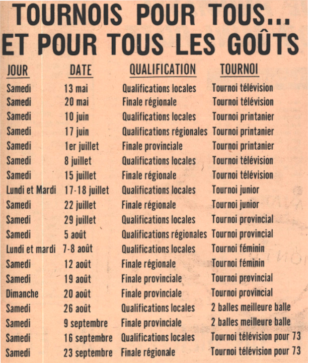 1972: horaire des tournois à travers la province